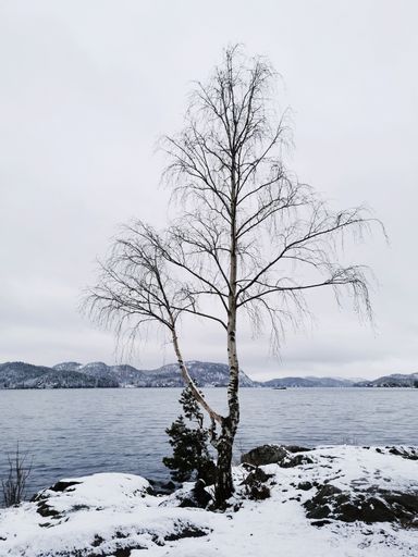 A beautiful winter landscape with mountains, a clear river with reflection in Larvik, Norway