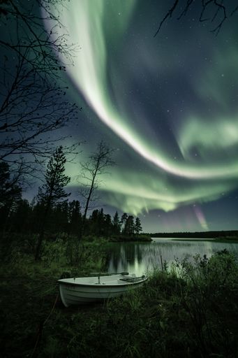 A vertical shot of the polar Aurora lights in the starry sky over the lake with a boat on a shore
