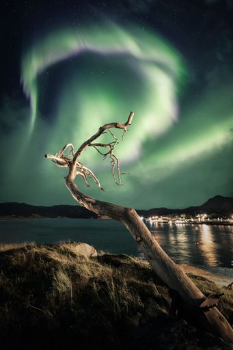 A vertical shot of the polar Aurora lights in the starry sky over a lake in Nordkapp, Norway