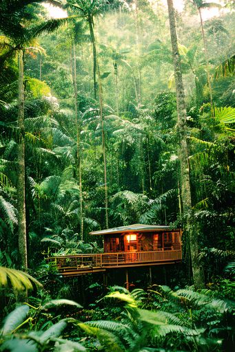 A vertical shot of a wooden house in the jungle