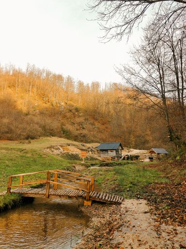 A vertical shot of wooden huts and a bridge over a narrow river in the autumn forest