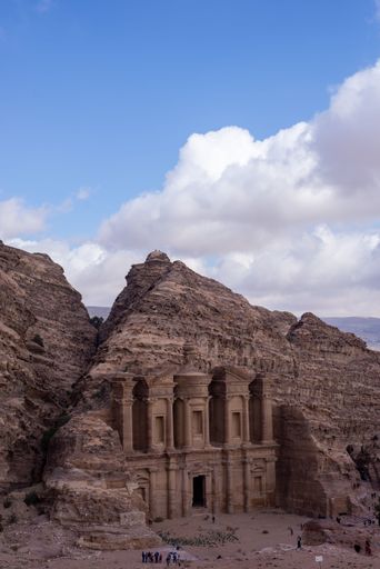 A low-angle view of ancient buildings in Jordan, Petra