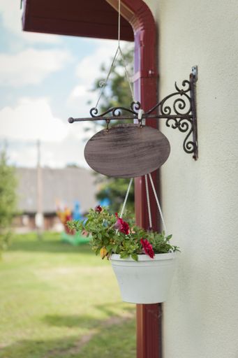 A vertical shot of a flower pot hanging in front of a building with a blurred background