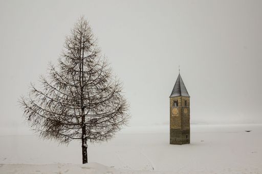 A beautiful shot of Church tower near a lone tree in Lake Reschen covered with snow in winter in South Tyrol, Italy