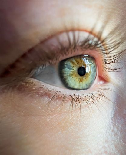 Macro shot of a females green iris with eyelashes and eyebrow. Close up detail of eyeball.