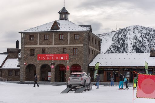 Vallnord, Andorra: 2021 January 2: La Caubella Central Building in Vallnord ski resort in Andorra in winter 2020 in COVID schedule