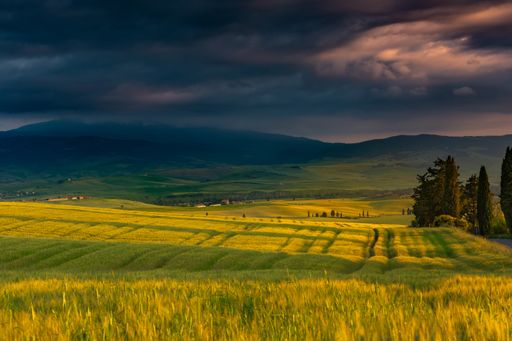 A beautiful scenery of a field surrounded by hills in the countryside