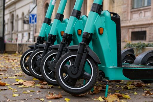 A closeup shot of green electric scooters with black wheels parked on a street