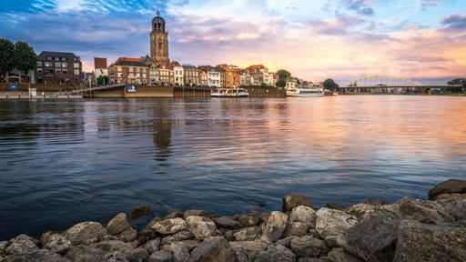 The beautiful cityscape of the river city Deventer, Netherlands with a view of St Lebuinus church