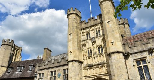 The entrance to  Bishop's Palace, Wells, Somerset, England. May 22, 2019. the entrance is designed as a medieval gatehouse in the Gothic style.