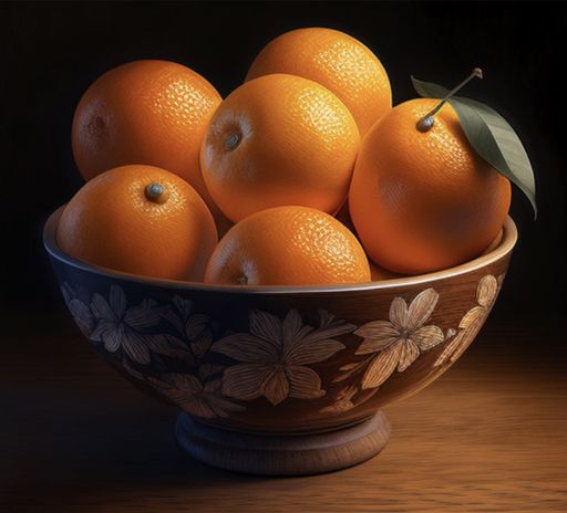 An ornamented wooden bowl filled with oranges on a wooden table on a black background