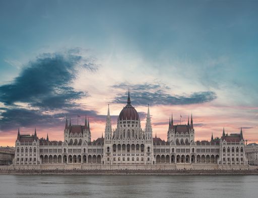 An aerial view of Hungarian Parliament Budapest during sunset