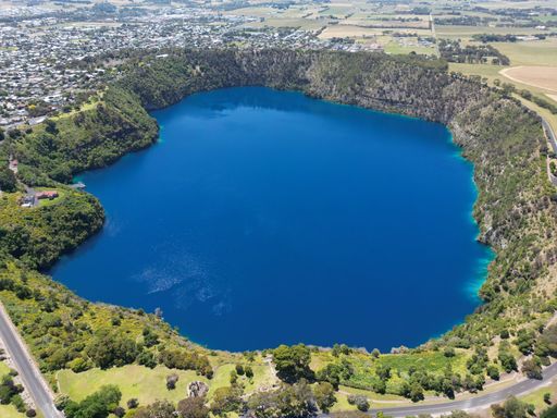 An aerial view of blue lake in Mount Gambier in South Australia