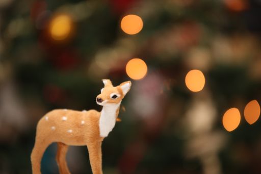 A soft deer toy with Christmas tree lights in the background