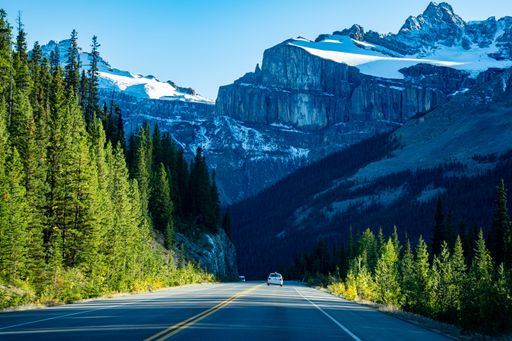 A breathtaking landscape view of the road surrounded by green trees, with a rocky mountain in the background on a sunny day