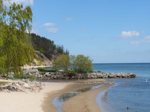 A tranquil aerial view of Gdynia, Poland, featuring the Baltic Sea and its beach surrounded by trees