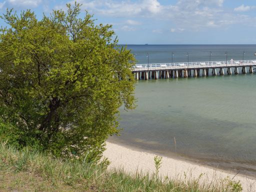 A stunning view of the Baltic Sea in Gdynia, Poland, featuring a picturesque harbor, lush trees, and abundant natural beauty