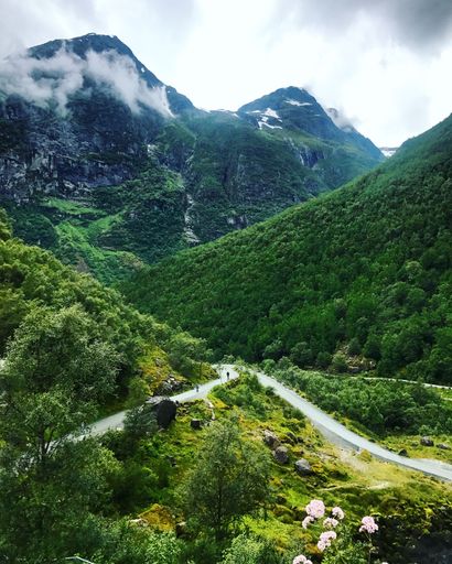 A vertical shot of forests and mountains under a cloudy sky in Norway.