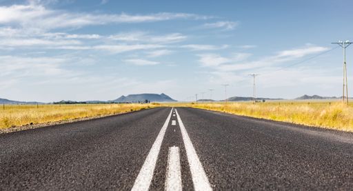 A paved straight road going through a dry landscape in South Africa under a cloudy s