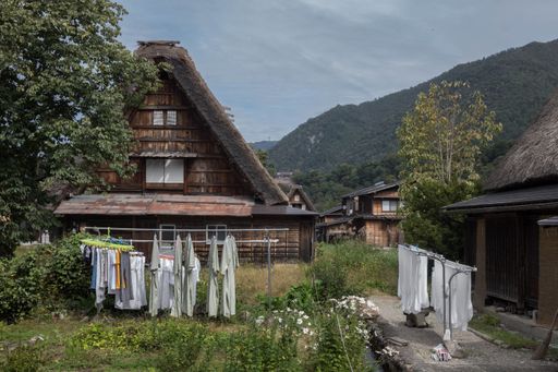 A traditional house in the historic village of Shirakawa-go and Gokayama in Japan, surrounded by trees, with a forested mountain in the background