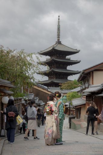 A vertical shot of the street in Kyoto city center, Japan