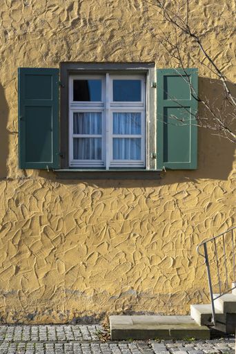 A vertical shot of an old green window in an ancient buidling