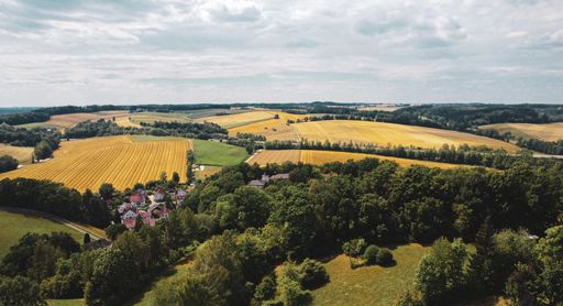 A beautiful shot of a village surrounded with fields and trees