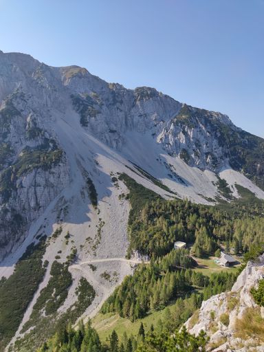 A vertical shot of rocky mountains covered in greenery on a sunny day