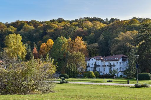 A luxury house surrounded by mountains covered with trees on a  sunny day