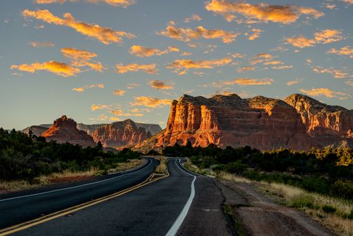 A road with a view of spectacular rocks in Sedona, Arizona, USA.