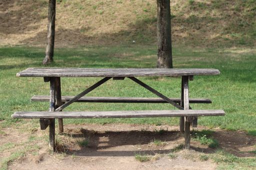 A rustic wooden picnic bench situated in a lush, grassy meadow, perfect for a summertime gathering