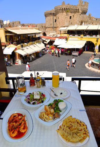 Typical Greek lunch in a taverna in Rhodes Old Town