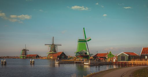 A scenic view of the Zaanse-Schans mills the village in Amsterdam in the Netherla