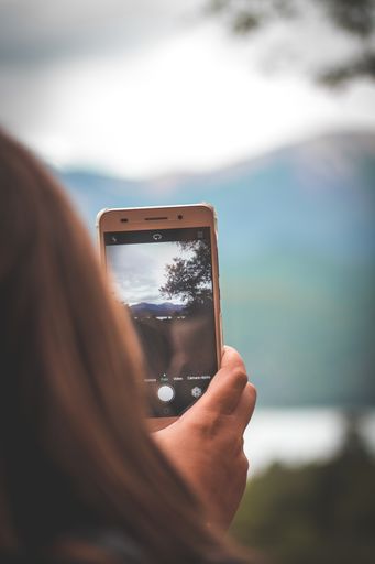 A woman's hand holding a mobile phone taking photos of nature