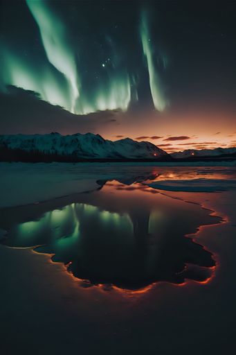 A vertical shot of the phenomenon of the Northern Lights over mountains and a frozen lake