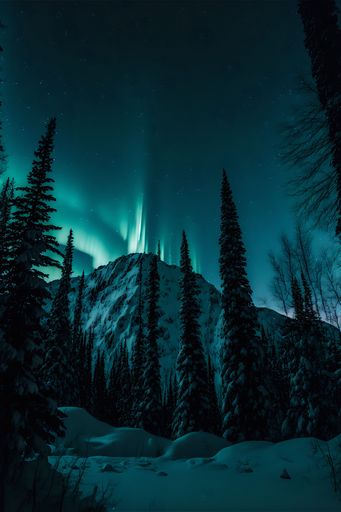 A vertical shot of a mountain and trees covered in snow during the phenomenon of auroa
