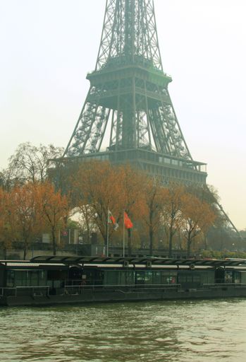 A vertical shot of the historic Eiffel Tower on a foggy day in Paris, France