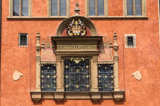 An exterior view of the historic Kriz House town hall in the beautiful city of Prague, Czech Republic