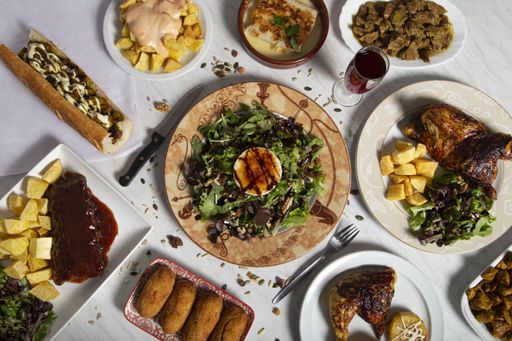 A top view of typical Spanish dishes served