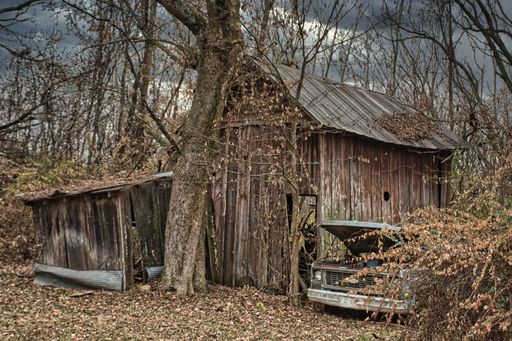 A closeup of an old wooden barn on the woods with leafless trees