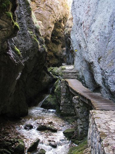 A vertical shot of a small wooden bridge built between two giant rocks