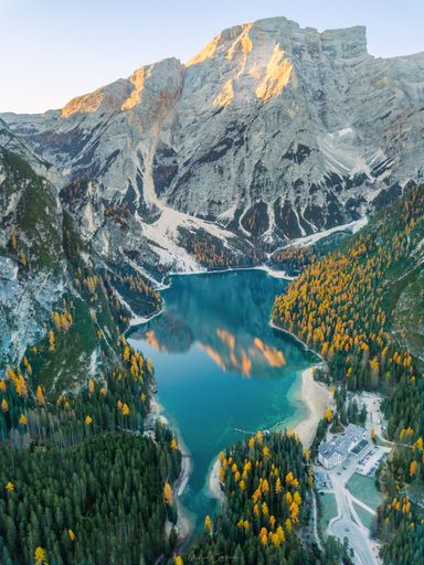 A vertical shot of Lake Braies in South Tyrol, Italy.