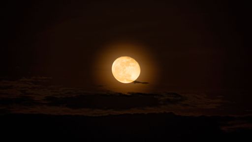 The bright full moon among the night sky with clouds.