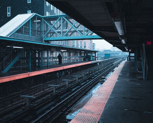An empty platform at the train station during snowfall. Philadelphia SEPTA.