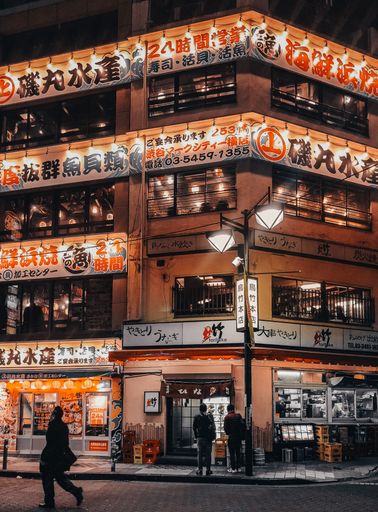 A vertical shot of Tokyo streets in front of a restaurant at night