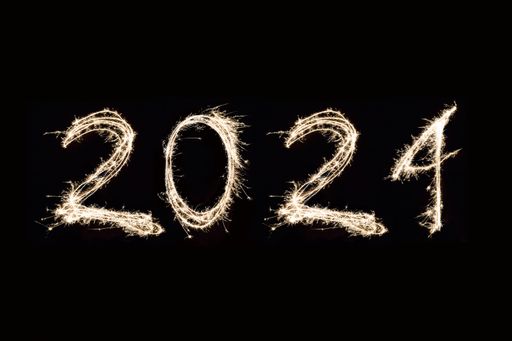 A fireworks display spelling out the word 2024 on black background