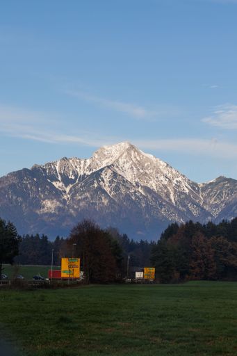 A majestic snowy mountain with two highway signs in the foreground surrounded by trees