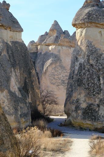 A vertical shot of a rocky canyon in Cappadocia, Turkey