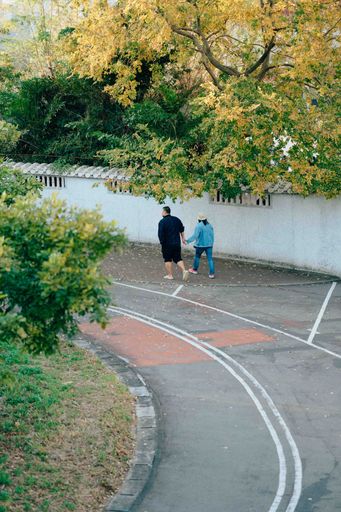 A vertical shot of a couple walking in the green park