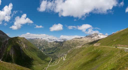 A scenic view shot from the Furka Pass in the western direction to the Grimsel Pass, Switzerland